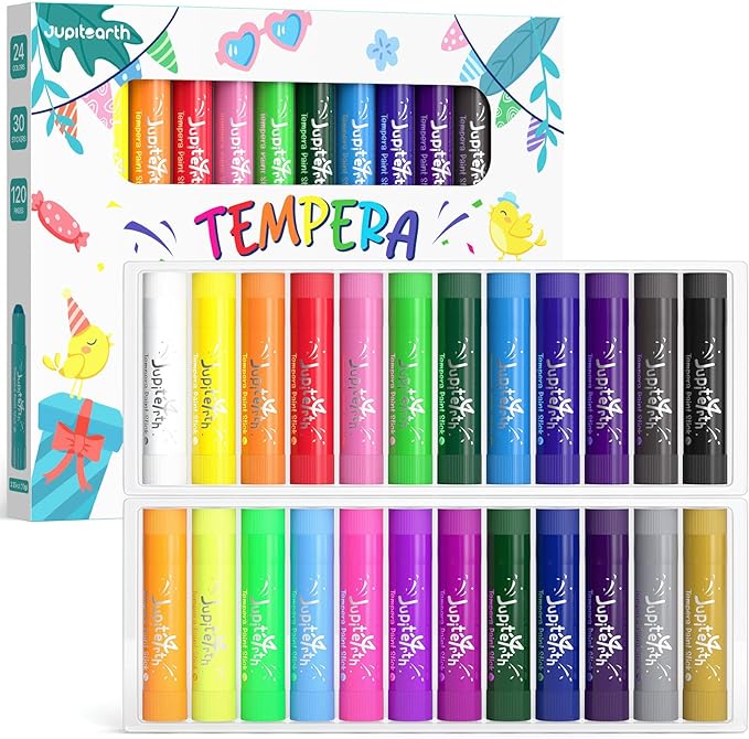24 Colors Tempera Paint Sticks with 120 PDF Coloring Pages and 30 Stickers, Quick Drying, Smooth, Non-Toxic and Washable Paint Sticks for Kids Drawing on Pumpkin, Wood, Rock, Glass