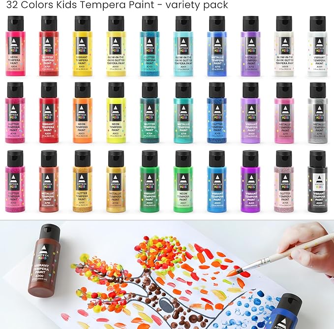 ARTEZA 32 Tempera Paint, 2.03oz/60ml Bottles, Washable Tempera Paint for Kids, Includes Neon, Glitter & Glow-in-The-Dark