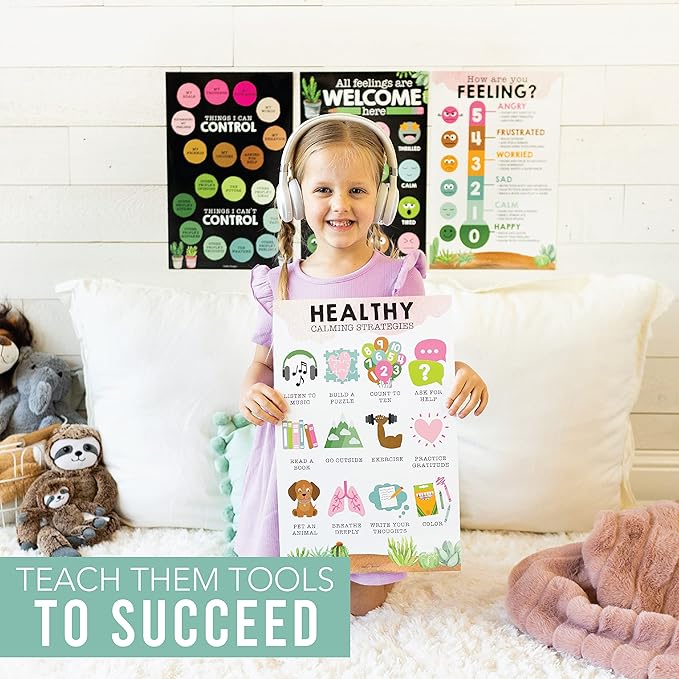 Hadley Designs Feelings Chart For Kids Ages 4-8 - Emotions Chart For Toddlers 3-5, Counseling Feelings Posters For Classroom Calming Corner, Social Emotional Learning Posters, Cactus Classroom Decor