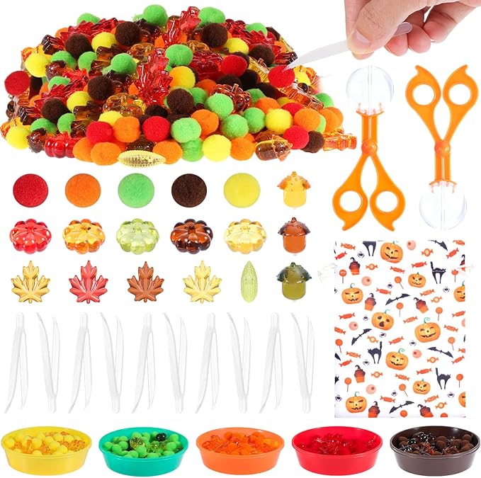 344 Pcs Fall Sensory Bin Filler Fine Motor Toys Counting Sorting Sensory Bins Pom Poms Pumpkins Acorns Maple Leaves Corn Sorting Cups Tweezers Clips Storage Bags for Fall Festival Games