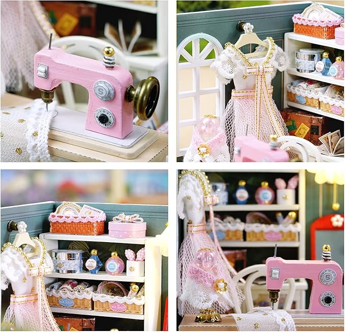 CUTEROOM DIY Doll House Miniature Furniture Wooden House Kit with Dust Cover & LED Light and Accessories - New Three Styles QT Series Dollhouse (QT047)