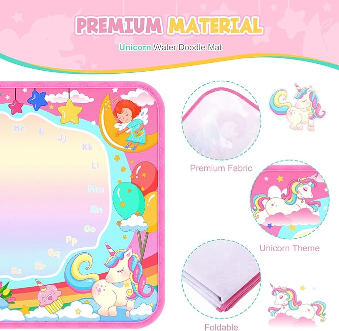 Water Doodle Mat, Unicorn Drawing Mat for Toddlers, Kids Water Painting Pad Coloring Board Set, Art Supplies for Toddlers, No Mess Crafts Birthday Christmas Gifts for Girls Ages 3 4 5 6 7 8