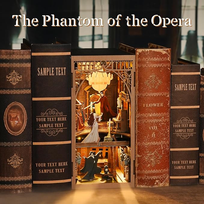 Book Nook Kit, DIY Miniature Dollhouse Booknook Kit, 3D Wooden Puzzle Bookend Bookshelf Insert Decor with LED Light for Teens and Adults (Phantom of The Opera)