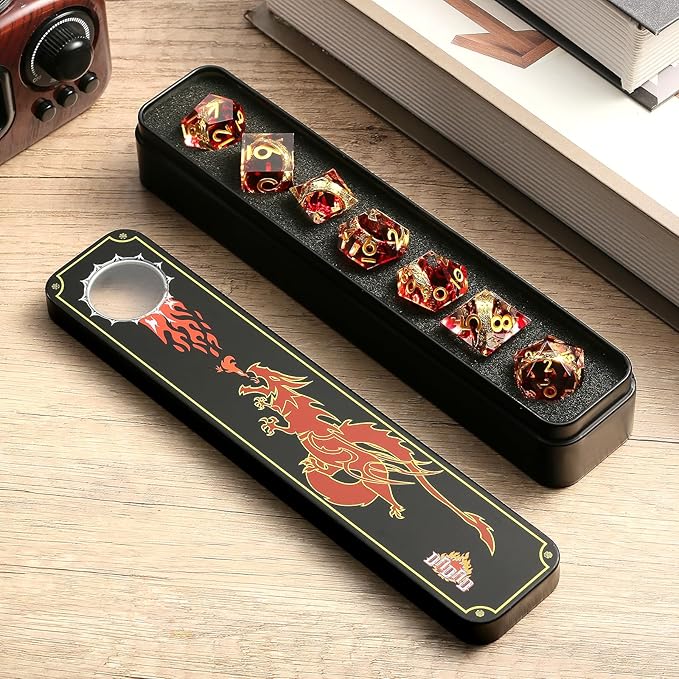 Ring DND Dice Set Sharp Edge DNDND 7-Piece Swirl Resin Blood Red Dice with Magic Lord Ring Inside for Dungeons & Dragons -Dragon Box Gifts