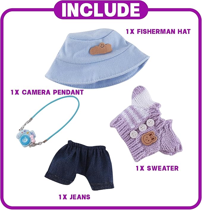 17cm Doll Clothes Set 4-Piece Outfits for Doll Purple Fashion Clothing for Plush Dolls Accessories with Purple Knit Sweater, Jeans, Mini Backpack Charm & Blue Bucket Hat