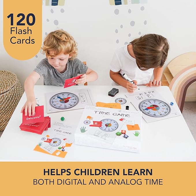 OWLCONIC Learning Time Game - 128 Piece Teaching Aid to Help Kids Learn Analog and Digital Time - Educational Resource Toy for Children - Kindergarten Homeschool Supplies