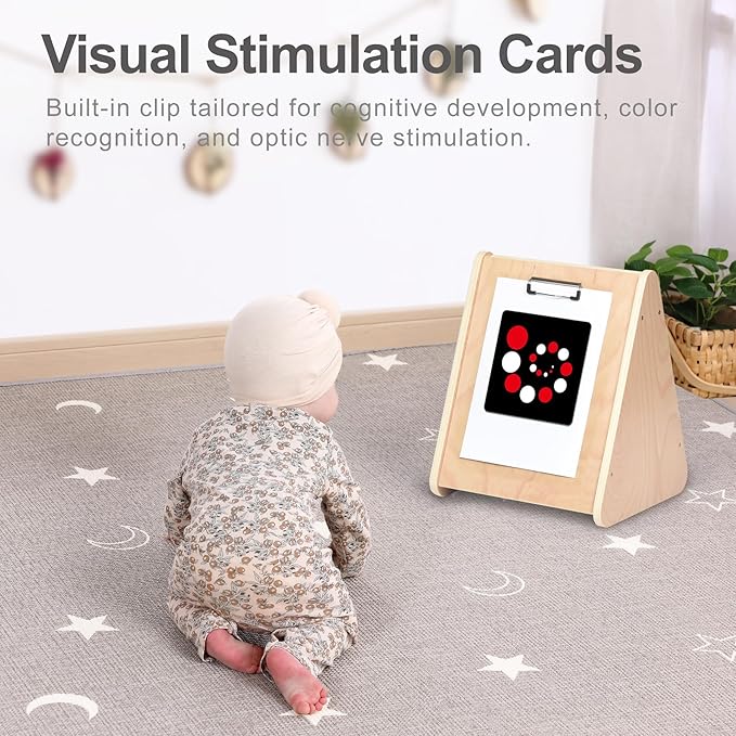 Baby Double-Sided Tummy Time Mirror w/ 2 Package High Contrast Visual Stimulation Cards, Sensory Activity Montessori Toys for 0-18+ Months Boys Girls