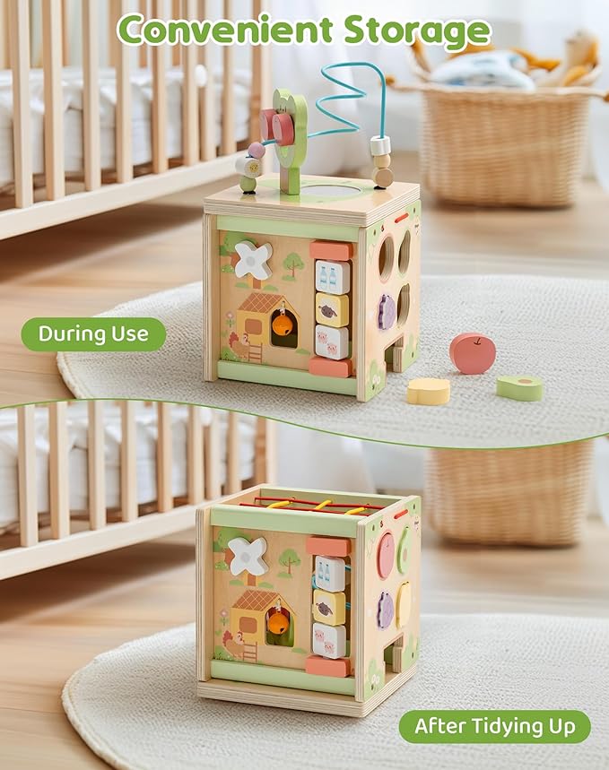 ROBUD Wooden Activity Cube, Baby Activity Cube for 1 Year Old, Montessori Activity Cube with 9 Gams in 1 Toy, Educational Toys of Bear Orchard Busy Cube, JM52