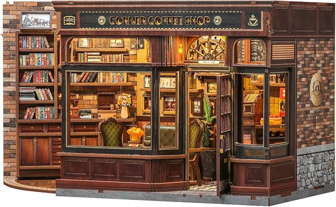 Fsolis Book Nook Kit - DIY Scene Miniature Kit, 3D Wooden Puzzles for Adults, 294 Pieces, Tiny House Booknook Craft Bookshelf Diorama Decor, Gifts for Women Teenagers Book Lovers (Corner Coffee Shop)