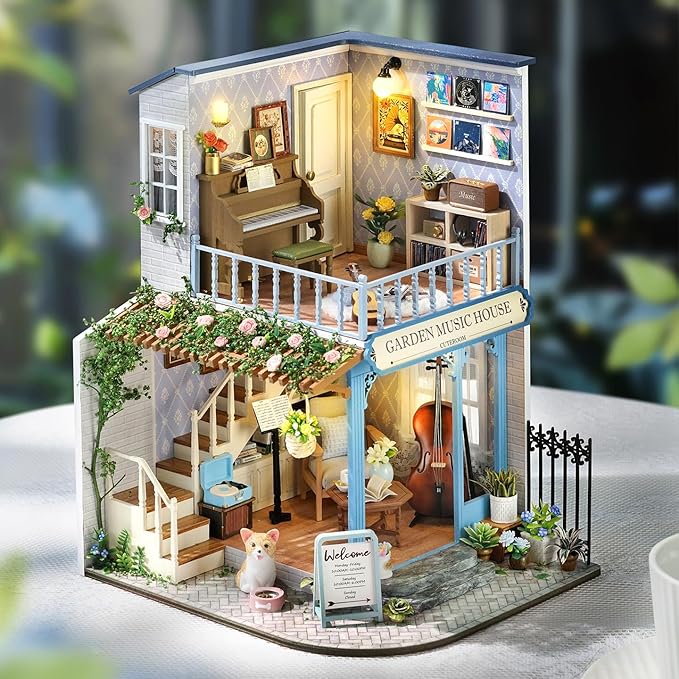 TuKIIE DIY Miniature House Kit with Furniture, 1:24 Scale Creative Room Wooden Mini Dollhouse Plus Dust Proof & Music Movement for Kids Teens Adults(Symphony of Bliss)