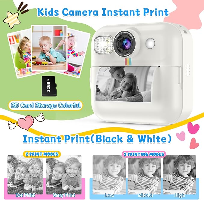 Instant Print Camera for Kids, 3-12 Year Old Girls Boys Gifts, 1080P Video Children Digital Camera with 32GB Card, Kids Christmas Birthday Gifts Toddler Photo Camera Toys for Age 3 4 5 6 7 8 9 White