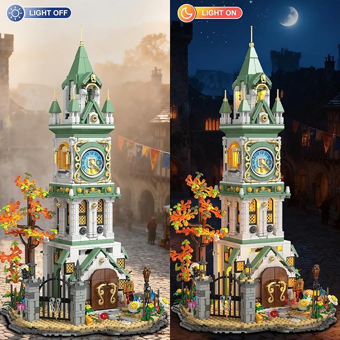 Magic Clock Tower Building Set with Light, 1566 PCS Big Medieval Castle House Construction Model with Owl & Garden, Home Decor Building Block Kit, for Adults Teens Boys Girls 12+