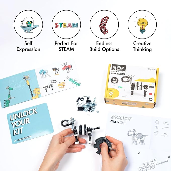 The Off Bits Erector Set: Animal Mini STEM Toys for Kids 6+, Toy Building Sets with Nuts & Bolts, STEM Building Toys Gifts for Boys and Girls (Black Zebra)