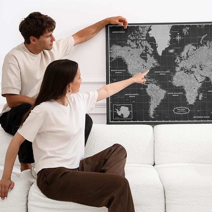Canvas World Map with Cork Pin Board - English Lettering - Decorative Wall Decoration for All Rooms - Canvas Pictures with World Map Motif (90x60 cm, Pattern 7)