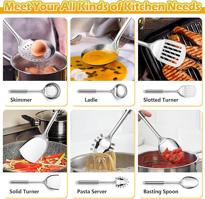 E-far 6-Piece Cooking Utensils Set, Stainless Steel Kitchen Utensils, Metal Heat Resistant Kitchen Tools Set Including Spoon, Soup Ladle, Slotted/Solid Turner, Skimmer, Pasta Server, Dishwasher Safe