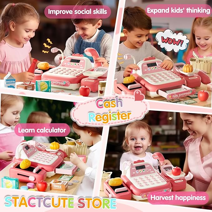 49PCS Pretend Play Cash Register Toy Set for Kids with Real Calculator,Scanner,Microphone,Conveyor Belt,Weighing Tool,Cashier Playset Realistic Gift for Toddler Kid Ages 3 4 5 6 7 8（Pink）