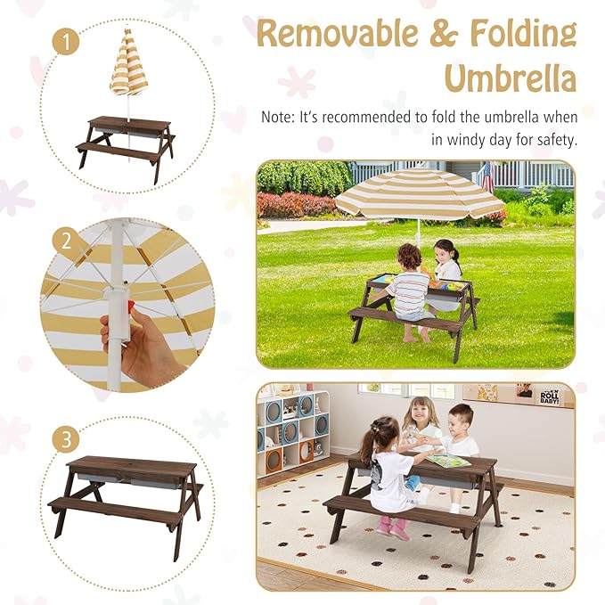HONEY JOY Kids Picnic Table, 4 in 1 Cedar Wooden Sand & Water Table w/ 3 Removable Box & Umbrella, Kids Picnic Tables for Outdoors Backyard Garden, Toddler Patio Furniture Set for Boys Girls(Walnut)