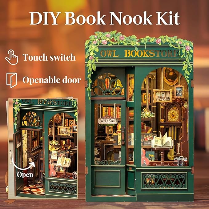 Fsolis Book Nook Kit, DIY Scene Miniature House Kit Tiny House Mini Booknook Craft Bookshelf Decor, 3D Puzzles for Adults, 139 Wooden Pieces, Scale Library Model, Gifts for Book Lovers（OWL Bookstore）
