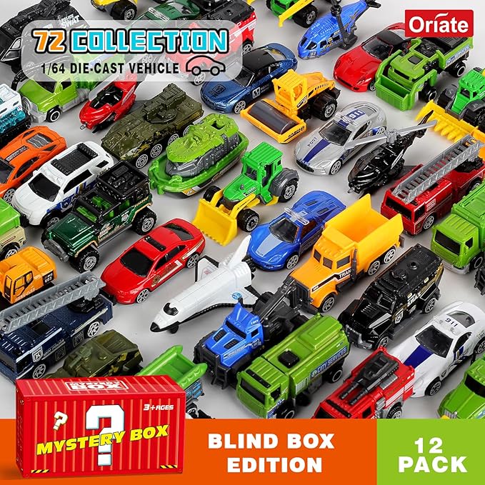 Oriate Diecast Toy Cars Set for 3 4 5 6 7 8 Year Old Boys, 12 Pack Mini Metal Cars 1/64, 12 Theme in one Set Blind Box Edition- Include Farm, Space Ship, Truck for Children Birthday Party Decor Gifts