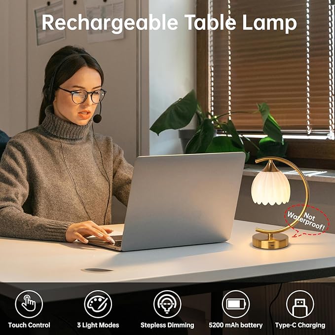 Cordless Table Lamp with 5200mAh Battery & Touch Control - 3 Adjustable Color Temperatures Bulb, Rechargeable Small Table Lamps for Living Room, Bedroom, Office Desk, Nightstand (White Tulip)