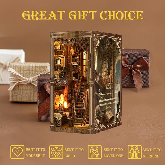 Book Nook Kits for Adult, DIY Miniature House Kit 3D Wooden Puzzles Miniature House Booknooks Dollhouse Bookend Bookshelf Insert Decor with LED Light Gift - Ancient Book Collection Room