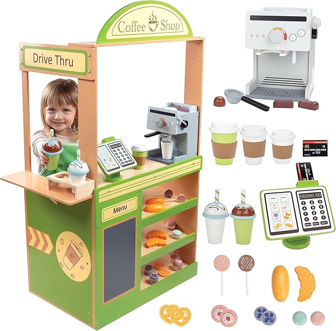 Pretend Coffee Shop Wooden Playset- Drive Thru Window Holiday Fun- Frappuccino, Straws, Espresso Maker, Bread, Pastries, Rotating Cash Register, Coffee Cups, Apron- 25+ Play Pieces Kids Xmas Gift