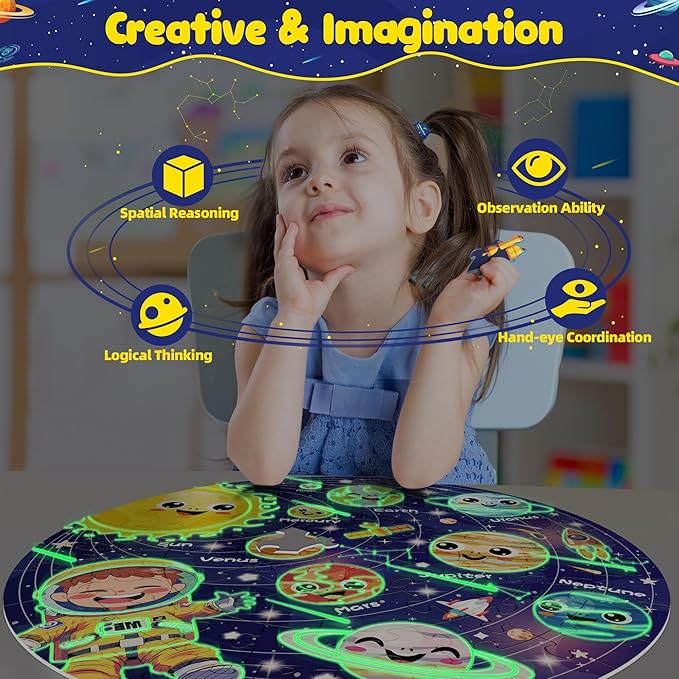 ZIZZ Puzzle for Kids Ages 4-6: Glow in The Dark Solar System Jigsaw Puzzles 70 Piece Space Planets Large Floor Puzzle for Kids 3-10 Years Old Educational Toy Gift for Boys Girls Birthday Christmas