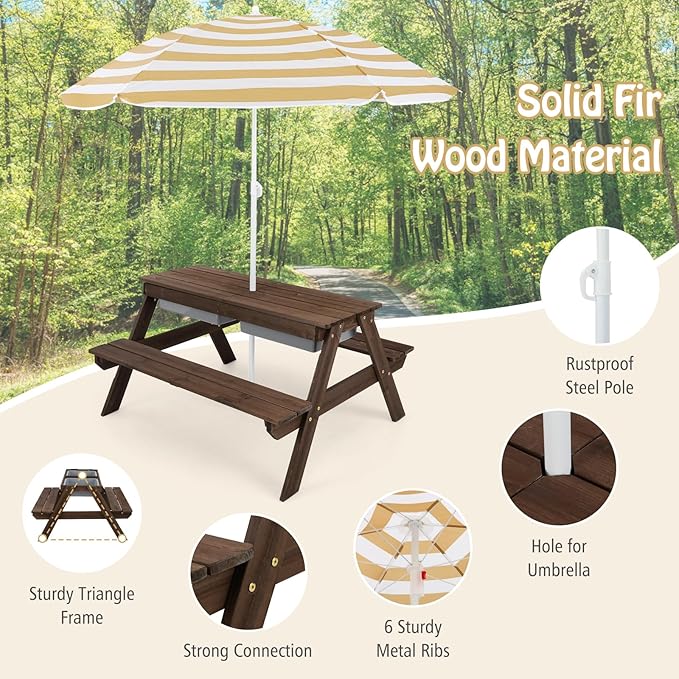 HONEY JOY Kids Picnic Table, 4 in 1 Cedar Wooden Sand & Water Table w/ 3 Removable Box & Umbrella, Kids Picnic Tables for Outdoors Backyard Garden, Toddler Patio Furniture Set for Boys Girls(Walnut)