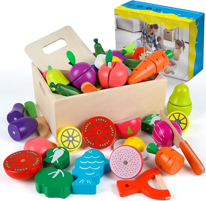 Wooden Play Food for Kids Kitchen, 32PCS Pretend Cutting Fruits Vegetables Food Play Toy Sets, Early Education Montessori Kid Toys, for Toddlers and Kids Ages 3+