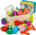 Wooden Play Food for Kids Kitchen, 32PCS Pretend Cutting Fruits Vegetables Food Play Toy Sets, Early Education Montessori Kid Toys, for Toddlers and Kids Ages 3+