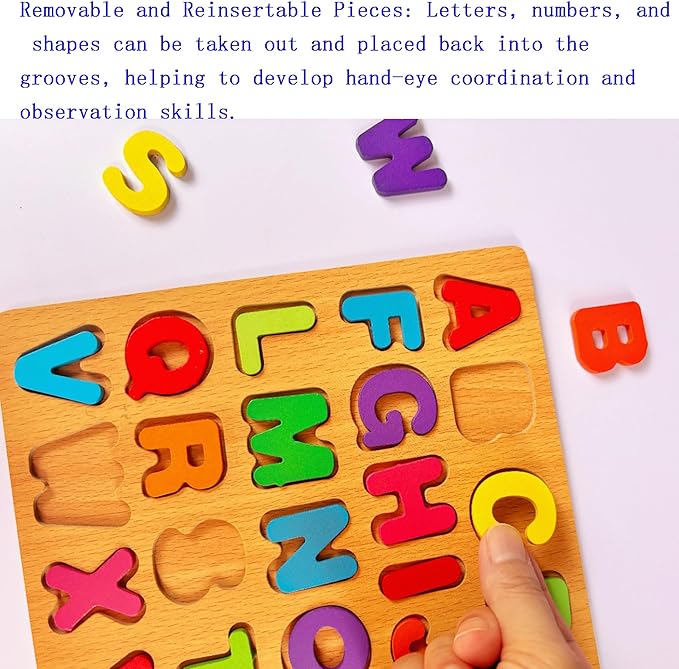 3PCS Wooden Alphabet, Number & Shape Puzzles for Toddlers – Educational Learning Toy (Choose from 3 Combinations) (Alphabet, Number & Shape)