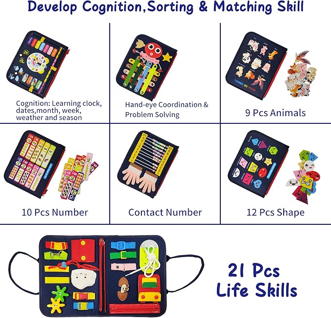 Montessori Busy Board for Boys 3 4 5 Year, Sensory Toys for Toddlers 3-6, Ideal for Travel and Preschool - ABCs, 123s, Shapes, Colors, Animals, Weather, Birthday Gifts