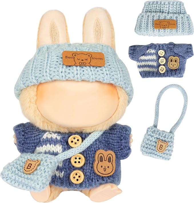 17cm Doll Outfits for Labubu - Kawaii Chic Style Set for 17cm Dolls, Cute Doll Clothes with Accessories -Button Up Stripe Blue Sweater + Blue Hat + Blue Bag (Clothes Only)