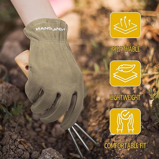 HANDLANDY Kids Genuine Leather Work Gloves for ages 3-11, Children Gardening Gloves for Boys, Girls (Medium (for age5-7), Khaki)