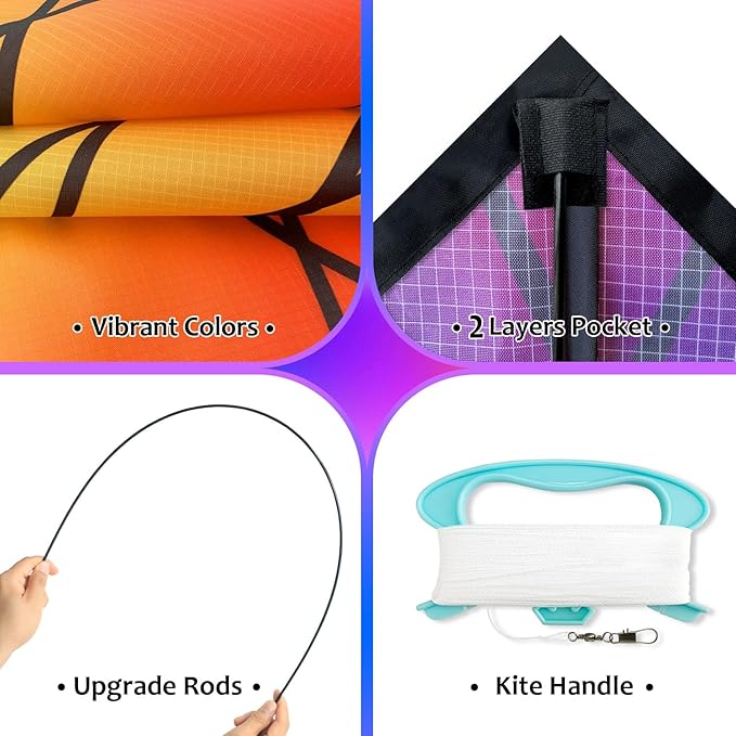 HONBO Large Delta Kite for Kids & Adults,Extremely Easy to Fly Kite for Beach Trip,String Line Included,with Colorful Tail,Perfect for Beginners