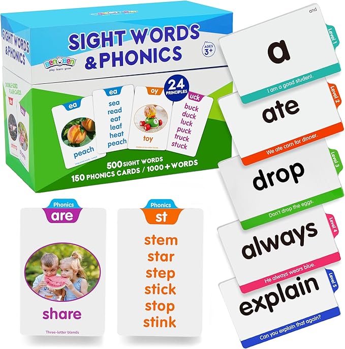BenBen 650 Sight Words & Phonics Flash Cards, Learn to Read CVC, Blends, Long Vowel Sounds, Dolch & Fry High Frequency Site Words for Pre-k Kindergarten 1st 2nd 3rd Grade Kids Ages 3-9