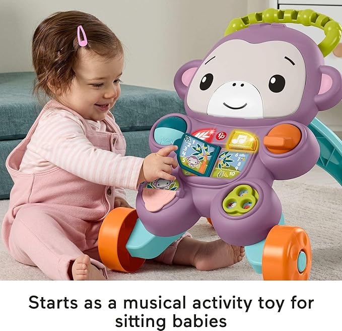 Fisher-Price Baby Push Toy Learn with Me Purple Monkey Walker Musical Learning Activity with Lights for Infants Ages 6+ Months