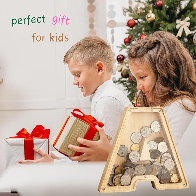 Wooden Alphabet Piggy Bank Clear Acrylic Panel Coin Savings Box Personalized Money Bank for Kids Boys Girls Adults, Birthday Home Décor(Z)