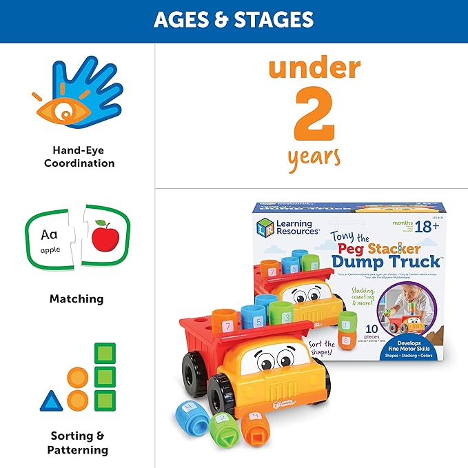 Learning Resources Tony the Peg Stacker Dump Truck - 10 Pieces, Ages 18+ months Fine Motor Skills Toy for Toddlers, Preschool Toys