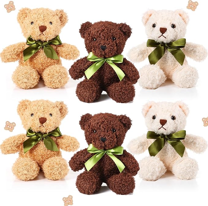 HyDren 6 Pcs Bear Stuffed Animal Plush Toys Soft Plush Dolls Bear Sleeping and Playing Toys for Baby Shower Decoration Boy(Fuzzy Style,White, Brown, Dark Brown)