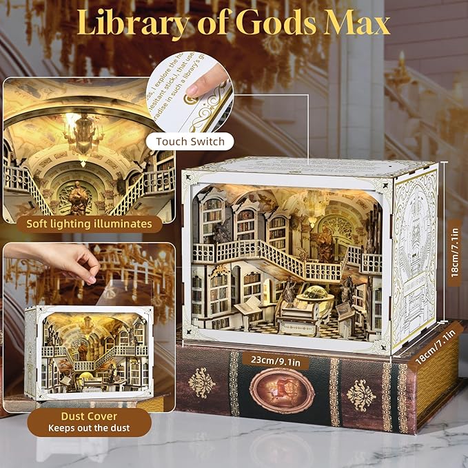 DIY Book Nook Kit, Miniature Dollhouse Booknook Kit, 3D Wooden Puzzle Bookend Bookshelf Insert with LED Light for Teens and Adults(Library of Gods Max)