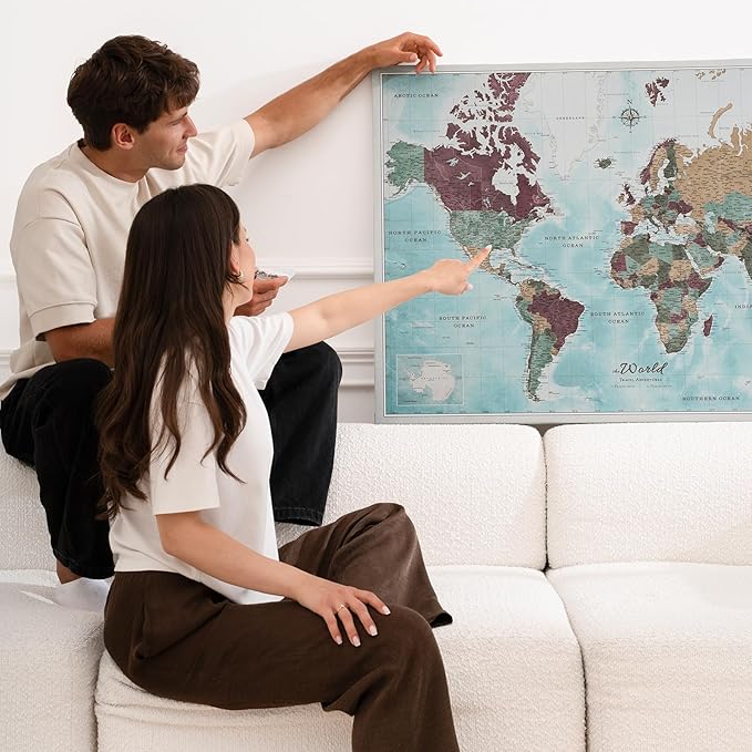 Canvas World Map with Cork Pin Board - English Lettering - Decorative Wall Decoration for All Rooms - Canvas Pictures with World Map Motif (90x60 cm, Pattern 11)