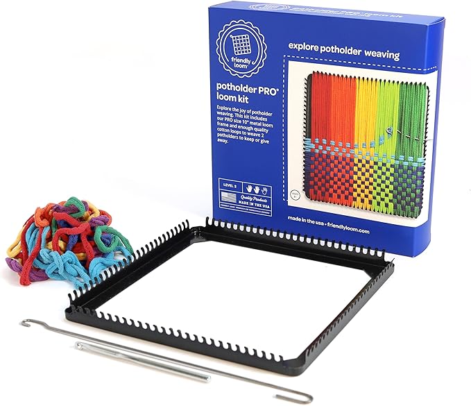 Friendly Loom Potholder Pro Weaving Kit | 10”x10” Sturdy Metal Loom and Quality Cotton Weaving Loops | Complete Kit to Weave 2 Large, Durable Potholders | Made in The USA