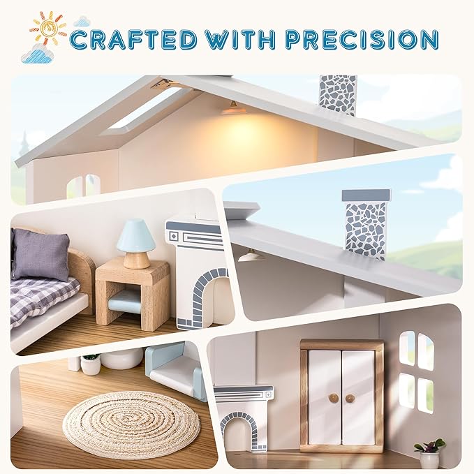 ROBOTIME Wooden Dollhouse, Wooden Doll House with 29 Pieces of Furniture, 6 Rooms Fits 4-6 Inch Dolls, Gift for Kids Ages 3+