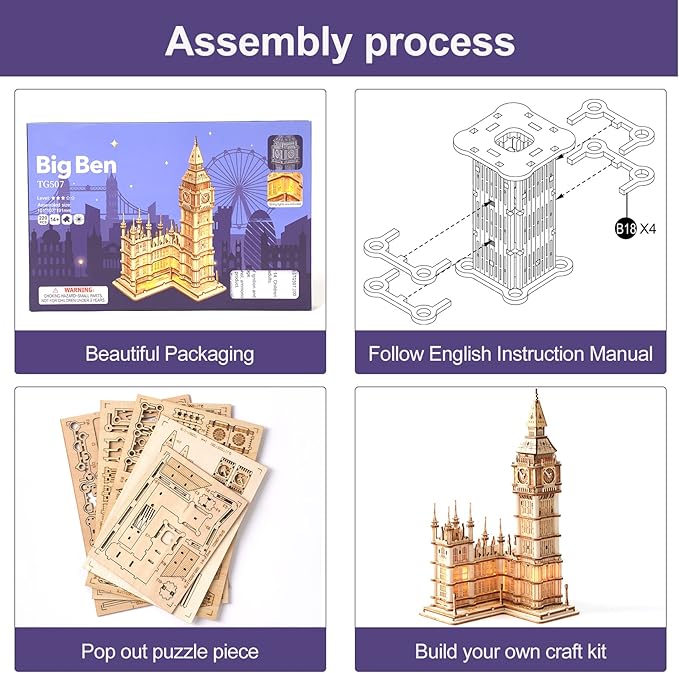 ROBOTIME 3D Puzzle for Adults Wooden Craft Kits for Teens DIY Construction Model Kit with LED Light to Build Educational Big Ben Set Toys Birthday Gifts