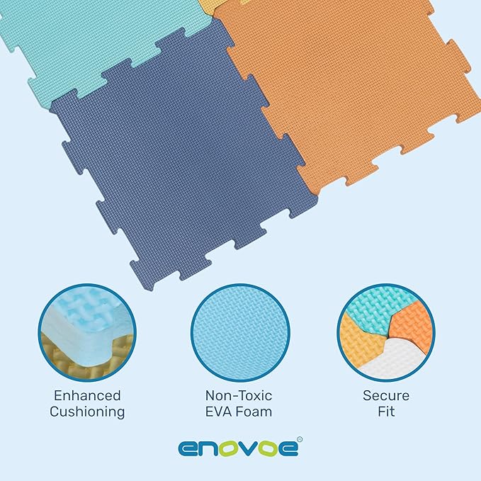 Enovoe Baby Play Mat for Floor - Non-Toxic, Interlocking EVA Foam Mats -16 Pcs - Cushioned Foam Puzzle Floor Mat for Kids & Infants - Ideal for Playrooms, Nurseries, and Home Gyms (12" x 12")