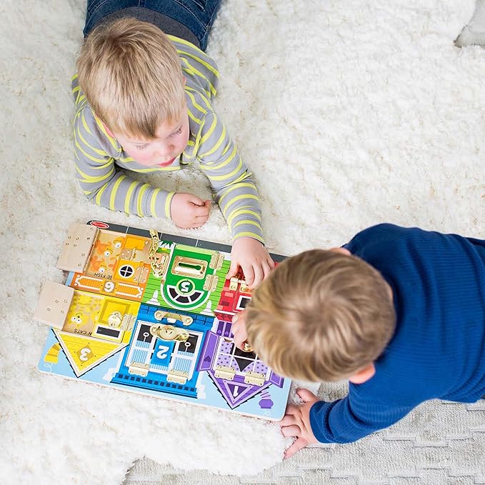 Melissa & Doug Wooden Latches Board Sensory Activity Toy for Kids, Doors and Locks Toy, Wooden Busy Board, Toddler Toys for Ages 3+