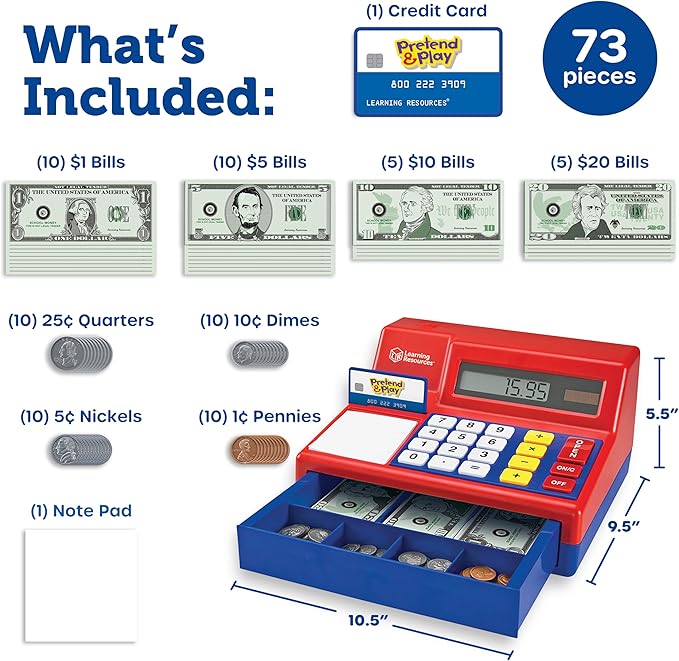 Learning Resources Pretend & Play Calculator Cash Register Toy - Gift for Kids, Toddler Toys, Play Money & Credit Card, Shopping Store Playset, Educational Preschool Activities