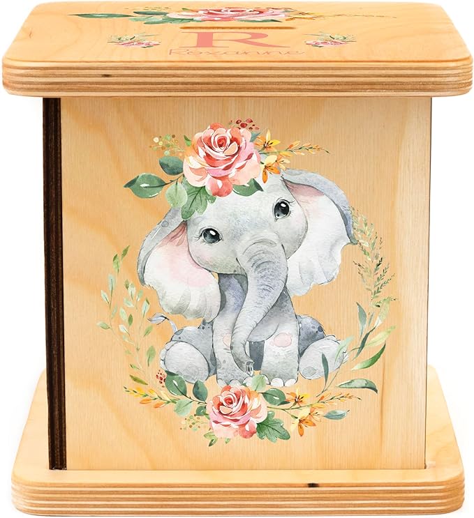 Wooden Piggy Bank for Kids and Adults, Personalized Gift Handmade in USA by BloomOwl, Custom Piggy Bank, Personalized Banks for Kids, Gifts for Baby Boys and Girls (Elephant- Coral)