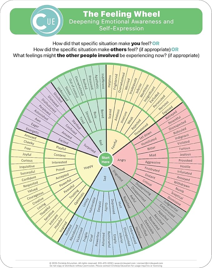 Circle Up Emoji Emotions Chart 10-Pack – 8.5x11 Laminated SEL Tool for Emotional Check-Ins & Conversations – Double-Sided Feelings Chart for Counselors, Educators, Therapists & Social Workers (5 Emoji & 5 Feeling Wheel)